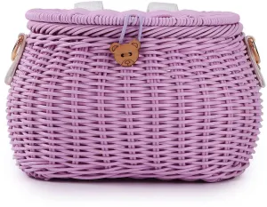 Handwoven Kids Bike Basket with Lid and Shoulder Strap Detachable Purple, for 12-20 Inch Bikes