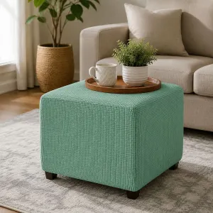 Stretch Jacquard Ottoman Cover, Anti-Deformation Footstool Slipcover for Square Ottoman, Pea Green, Length 33-45.7 cm Width 33-45.7 cm Height 38.1-45.7 cm