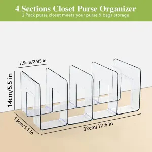 Acrylic Purse Organizer for Handbags and Wallets, Clear Closet Storage Rack with 4 Compartments, Set of 2, 32×14.4x13cm