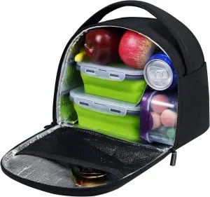 Insulated Lunch Bag for Women, Reusable Thermal Lunch Box Cooler Bag with Handle for Work, Picnic, Travel, Cute, Black