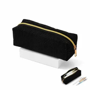 Corduroy Pencil Case with Zipper, Portable Pen Bag for School and Office, Black, 20x7x7 cm