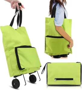 Folding Shopping Trolley Cart with Wheels 3 in 1 Shoulder Bag Waterproof Grocery Cart Extra Large Green, 47x18x28cm