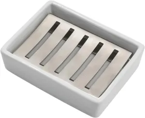 Ceramic Soap Dish Holder, Double Layer Self-Draining Stainless Steel Soap Tray for Bathroom, Easy Cleaning, White