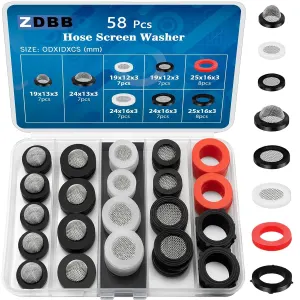 58 Pcs Hose Screen Washer Kit Stainless Steel Filter Gasket for Shower Head Garden Hose Washing Machine Inlet Line Faucet Fittings, 1/2 3/4 5/8 Inch