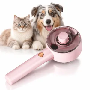 USB Rechargeable Pet Spray Grooming Brush for Cats and Dogs, Self Cleaning Slicker Brush with Fine Mist, 140° Curved Stainless Steel Pins, One Click Hair Release, 300mAh Battery – Pink