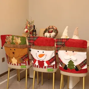 Santa, Snowman & Reindeer Christmas Chair Covers, 3 Pack Xmas Dining Chair Slipcovers, Plaid Fabric Chair Back Covers for Holiday Dinner Party Decor