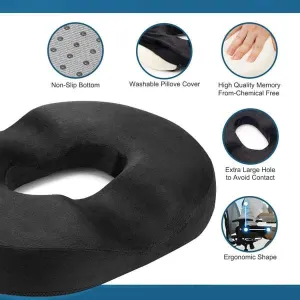 Black Donut Memory Foam Seat Cushion, Orthopedic Coccyx Pillow for Haemorrhoid, Pregnancy, Sciatica Relief, Ergonomic Doughnut Chair Pad, 45 x 34 x 7 CM