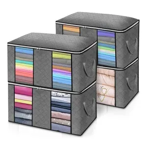 4 Pack Clothes Storage Bags, Large Capacity Clothing Storage Boxes, Foldable Wardrobe Organisers with Clear Window & Zipper for Wardrobe & Attic