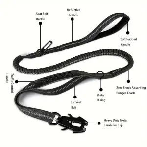 Tactical Heavy Duty Dog Leash with Frog Clip, Shock Absorbing Bungee Nylon Dog Lead, Dual Comfort Handles for Large Dogs Outdoor Walking, Khaki
