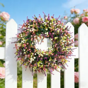 Artificial Spring Wreath with Pink Berry & Purple Lavender, Multicolour Wildflower Front Door Wreath, Rustic Farmhouse Wreath for Covered Porch Verandah Window Wedding Home Outdoor Decor