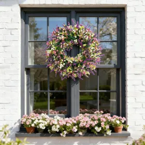 Artificial Spring Wreath with Pink Berry & Purple Lavender, Multicolour Wildflower Front Door Wreath, Rustic Farmhouse Wreath for Covered Porch Verandah Window Wedding Home Outdoor Decor
