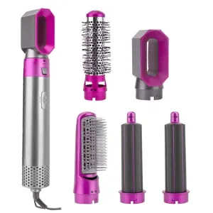 5 in 1 Hot Air Brush Hair Styler Set, Multi Interchangeable Attachments Hair Dryer Brush, Straightener Curler Volumizer Comb, Ionic Blow Dryer Styling Tool for All Hair Types(Bright Fuchsia)