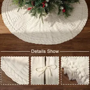 48 Inch Knitted Christmas Tree Skirt, Cable Knit Cream White Tree Skirt for 7.5ft Tree, Vintage Farmhouse Xmas Decoration