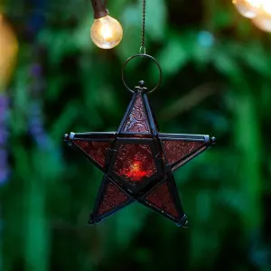 Glass Star Lantern Hanging Ornaments – Tea Light Lantern Window Hangings Patio Balcony Living Room Decoration Vintage, Orange + Red