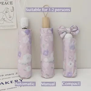 Women’s Purple Floral Auto-open Sun & Rain Umbrella, UV Protection Compact Travel Umbrellas UPF 50+ with Cover Bag