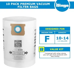 10 PCS Vacuum Bags Replacement or Shop Vac Bags 10-14 Gallon,Type  90662 9066200 9066233; Type I 90672 9067200 9067233; V2005, High Eiciency Disposable ine Dust Collection Vacuum ilter Bags