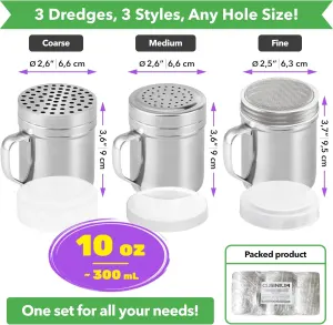 [Set o 3] 10oz Stainless Steel Dredges With Handle – ine Mesh + Medium Holes + Large Holes (or Coarse Seasonings)