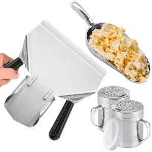 Double Handle Concession Popcorn Scoop + 12 oz Aluminium Popcorn Scoop + [2-pcs] 10 oz Dredge Shakers Bundle
