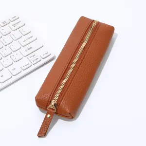 Leather Pencil Case - Korean Style Zipper Stationery Bag for Students and Office - Large Capacity Pen Organizer Pouch