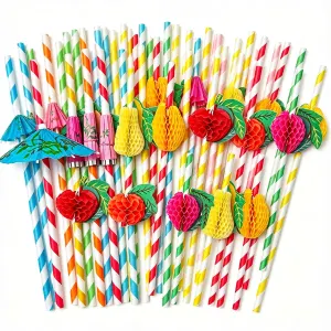 Hawaiian Party Straws Combo - 50pcs Umbrella Paper Straws + 50pcs Fruit Honeycomb Mixed Paper Straws, Total 100pcs - Tropical Luau Decoration Drinking Straws for Cocktail, Juice, Birthday, Wedding