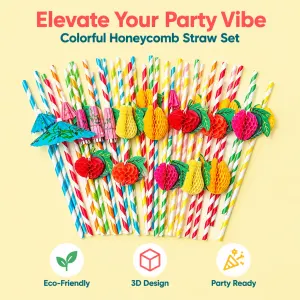 Hawaiian Party Straws Combo – 50pcs Umbrella Paper Straws + 50pcs Fruit Honeycomb Mixed Paper Straws, Total 100pcs – Tropical Luau Decoration Drinking Straws for Cocktail, Juice, Birthday, Wedding