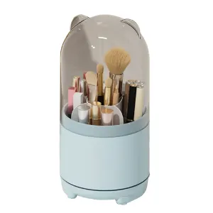 Makeup Brush Storage Container 360 Degree Rotating Dust Prevention Transparent Lid Large Capacity Makeup Brush Holder Blue