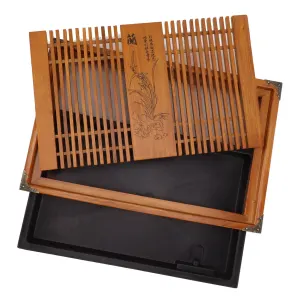 Kungfu Tea Tray Chinese Gongfu Tea Tray Drainage Water Storage Wood Tea Table with Drain Pipe Yellow Orchid