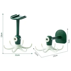 Kitchen Wall Mounted Hook Traceless 360 Degree Punch Free with 6 Hook Kitchen Utensil Hanger for Storage Green