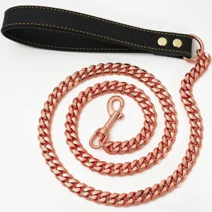 Luxury Cuban Link Dog Leash with Genuine Leather Handle – Polished Stainless Steel Pet Walking Chain for Large Dogs, Durable 14mm Heavy-Duty Leash, Gold, Rose Gold, Silver, or Gunmetal Finish – Rosegold