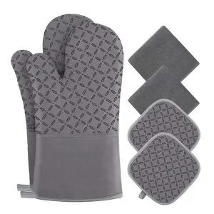 Oven Mitts and Pot Holders Sets 6pcs, Kitchen Oven Glove,High Heat Resistant 550 Degree Extra Long Oven Mitts and Potholders with Non-Slip Silicone Surface for Home Essentials (Grey)