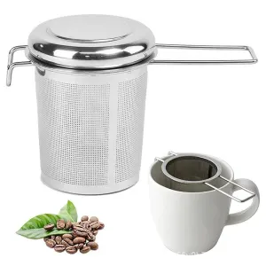 Large Capacity Tea Strainer With Folding Handle And Lid,Hanging On Teapots Mugs Cups To Steep Loose Leaf Tea And Coffee(Silver)