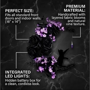 Magical Halloween Moon Cat Wreath Light up Door Crescent Floral Spooky Ruffled Fabric Porch Entryway Home Decor Wreaths Gothic Black Rose Elegant Hanging Decorations for Front Door