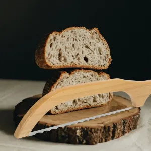 Khaki Bread Slicer with Ergonomic Wooden Handle for Kitchen and Sourdough Bread Cutting