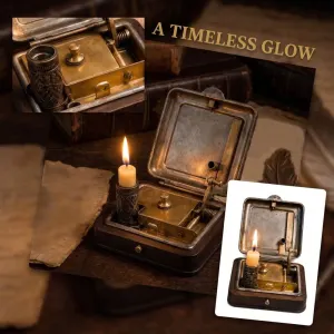 Vintage Mechanical Candle Box with Snuffer, Antique Brass & Wood Wind-Up Candle Holder, 3.94×3.94×1.18in Portable Retro Lantern for Home Decor, Camping & Collectors