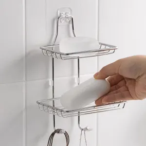 Stainless Steel Wall Mounted Soap Holder | Bathroom Storage Rack | Drainage Soap Dish for Shower Kitchen Sink | Double Layer Organizer | No Drill Installation | Rust Proof Soap Tray