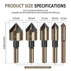 5 Piece Countersink Drill Bit Set, High Speed Steel, Countersink Drill Bit Set, Wide Material Compatibility, for Wood and Metal