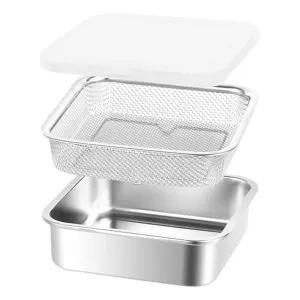 Square Stainless Steel 2 In 1 Food Strainer Bowl With Clear Lid Multipurpose Washing Draining And Storage Kitchen Prep Tool