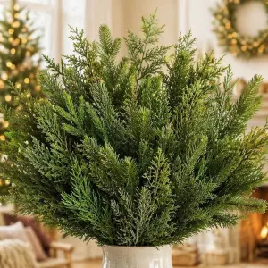 20Pcs Artificial Pine Branches, 12" Faux Pine Stems Cedar Leaves Needle Sprigs Plastic Fake Christmas Greenery Pine Picks for Xmas Tree Wreaths Garlands DIY Accessories Home Decor (Green, 4 Styles)