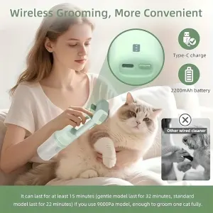 5-in-1 Wireless Pet Groomer, 10000Pa Strong Suction, Low Noise, No Flying Hair – A Must-Have for Cats, Dogs & Home Cleaning (GREEN)N)