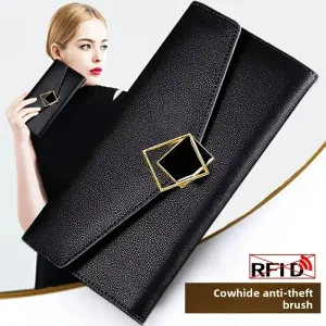 Elegant Cowhide Leather Wallet for Women, RFID Anti-Theft Large Capacity Clutch, Minimalist Envelope Design, Fits Smartphone, Perfect Gift(Bafang black)