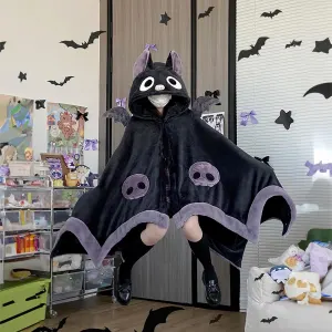 Cozy Bat Hooded Cloak Blanket for Halloween Costumes, Lounge, and Themed Events (black)