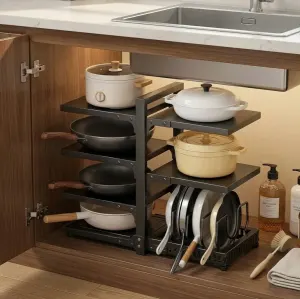 CARLA HOME Black 7 Tier Pan Organiser Rack – Heavy Duty – Adjustable – Pan Rack Kitchen