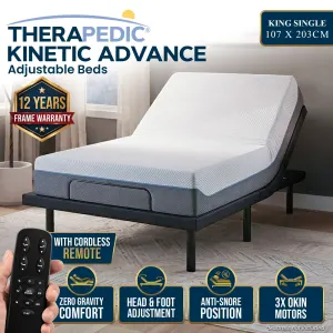 Therapedic Advance King Single Adjustable Bed Frame Base with Head Tilt, Massage, USB & Wireless Remote