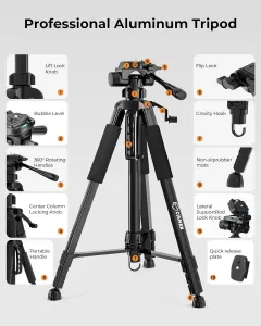 CIGMAN 59-inch Lightweight Adjustable Laser Level Tripod with 3-Way Swivel Pan Head, Bubble Level, Phone Holder, Quick Release Plate with 1/4″ Screw Mount & 5/8″ UNF Adapter Nut, Camera & Phone Tripod