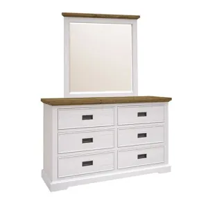 Miami White Dressing Chest with Mirror 6 Storage Drawers Slim Metal Handles