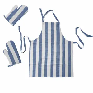Rans Set of 3 Alfresco Stripe Cotton Apron & Oven Gloves Set – Blue