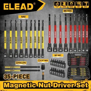 ELEAD 35Pcs Magnetic Nut Driver Bit Set Metric SAE 1/4" Hex Drill CR-V Steel