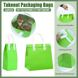 50PCS Green Takeaway Packaging Bags with Handles and Self-Adhesive Seal – M