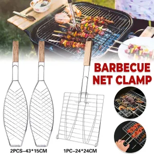 Barbecue Net Clamp Iron Wire Mesh with Wooden Handle for Camping Grill – 43x15cm