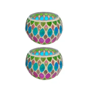 2Pcs Vintage Mosaic Colourful Glass Small Candle Holder Cups Romantic Home Decor - Green